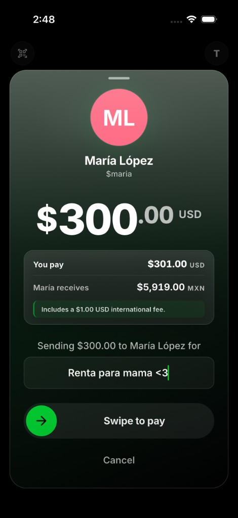 In amatl de confirmación de in app de Pesito para ce titlaniliztli de $300.00 USD ihuic María López: tictlaxtlahua $301.00 USD, María quicelia $5,919.00 MXN, ihuan quipia ce tarifa internacional de $1.00 USD.