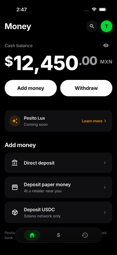 In pantalla Money de in app de Pesito ica ce saldo de $12,450.00 MXN, botones para tictlaliz tomin ihuan ticquixtiz, ihuan in opciones de depósito.