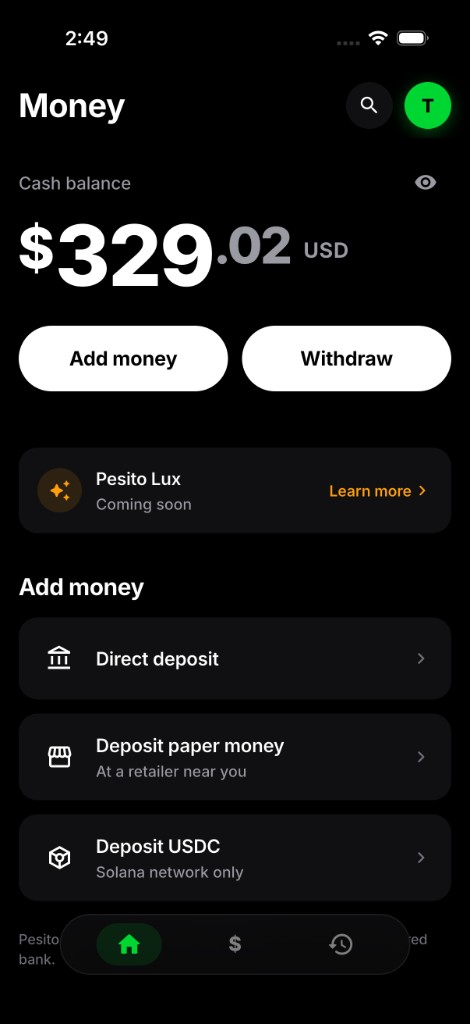 In pantalla Money de in app de Pesito ica ce saldo de $329.02 USD, botones para tictlaliz tomin ihuan ticquixtiz, ihuan in opciones de depósito.