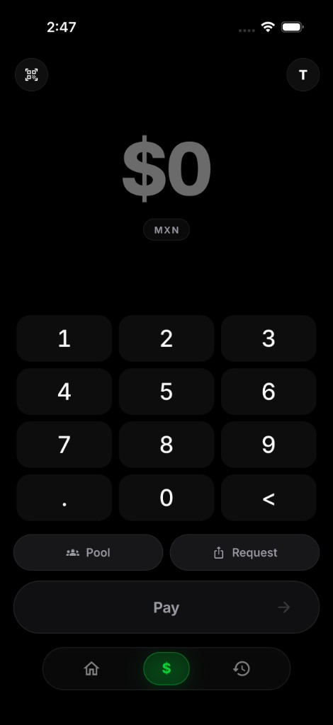 In pantalla de pago de in app de Pesito: in monto hueyi ica pesos, in teclado numérico, ihuan in acciones de juntar dinero, solicitar ihuan pagar.